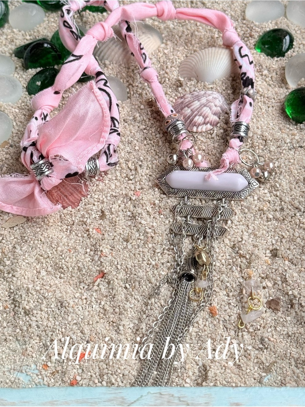 Sculptural Fabric Necklace with Pale Pink quartz Stone & Mixed Metal Tassels